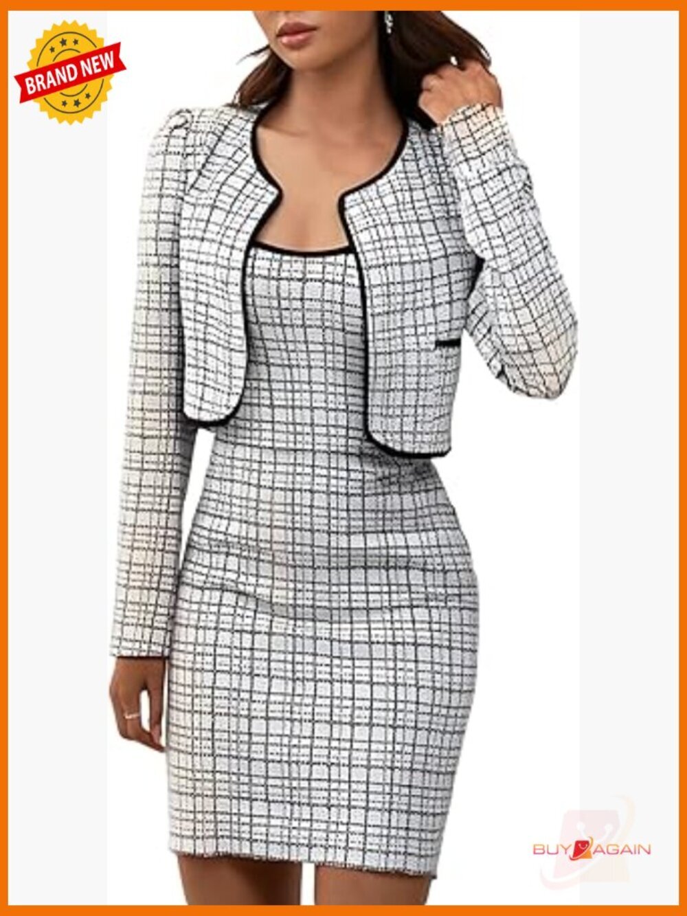 Plaid Bodycon Mini Tank Dress & Open Front Cropped Jacket Set